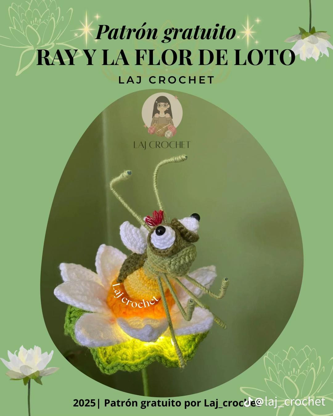 Patrón gratis Ray y la Flor de Loto: Luciernaga amigurumi verde y blanca