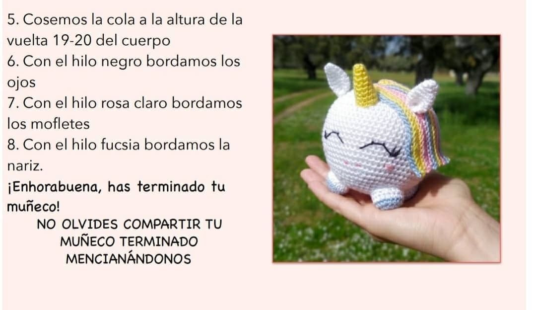 Patrón gratis: Unicornio Amigurumi blanco con crin arcoíris y cuerno amarillo