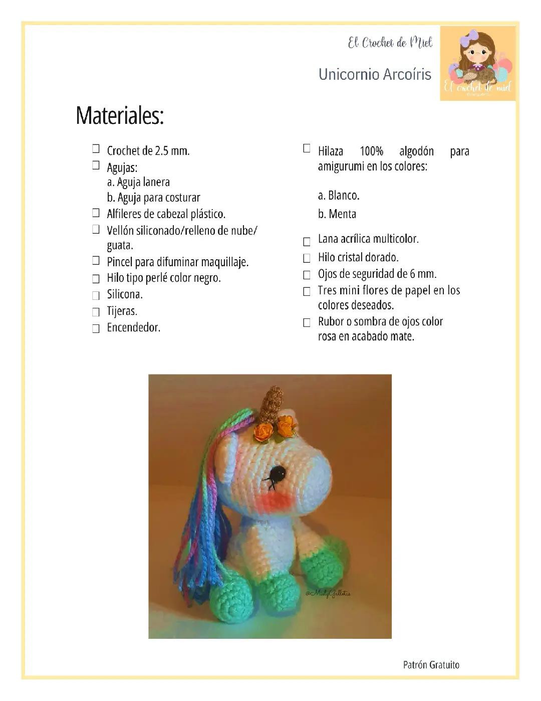 Patrón Gratis Unicornio Arcoíris Amigurumi