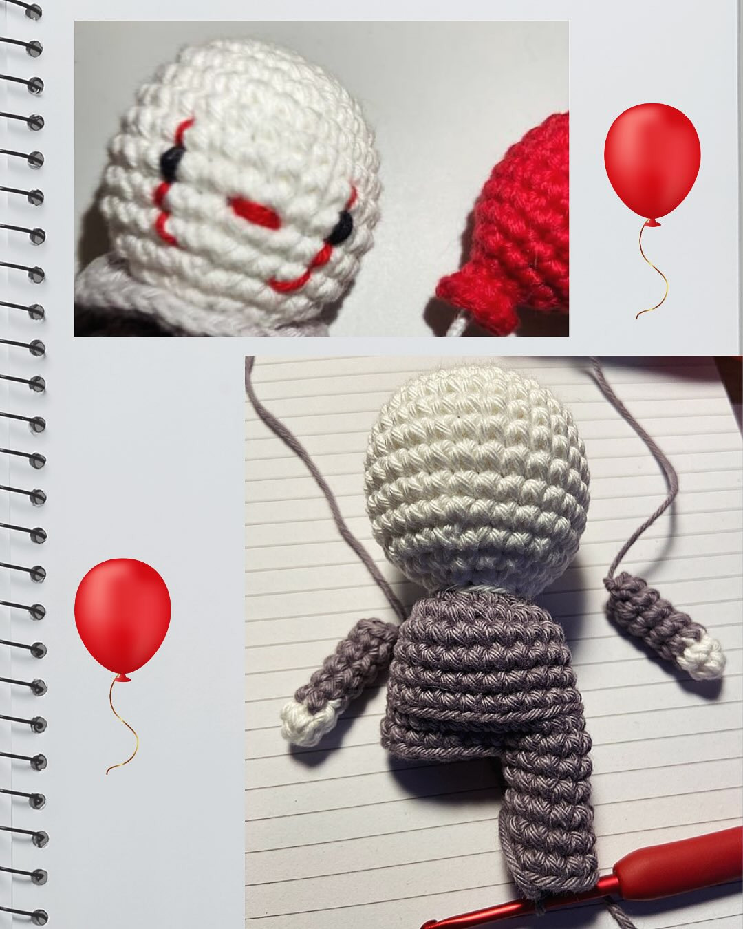 Patron gratuit Bébé Penny : Amigurumi clown gris et orange avec ballon rouge