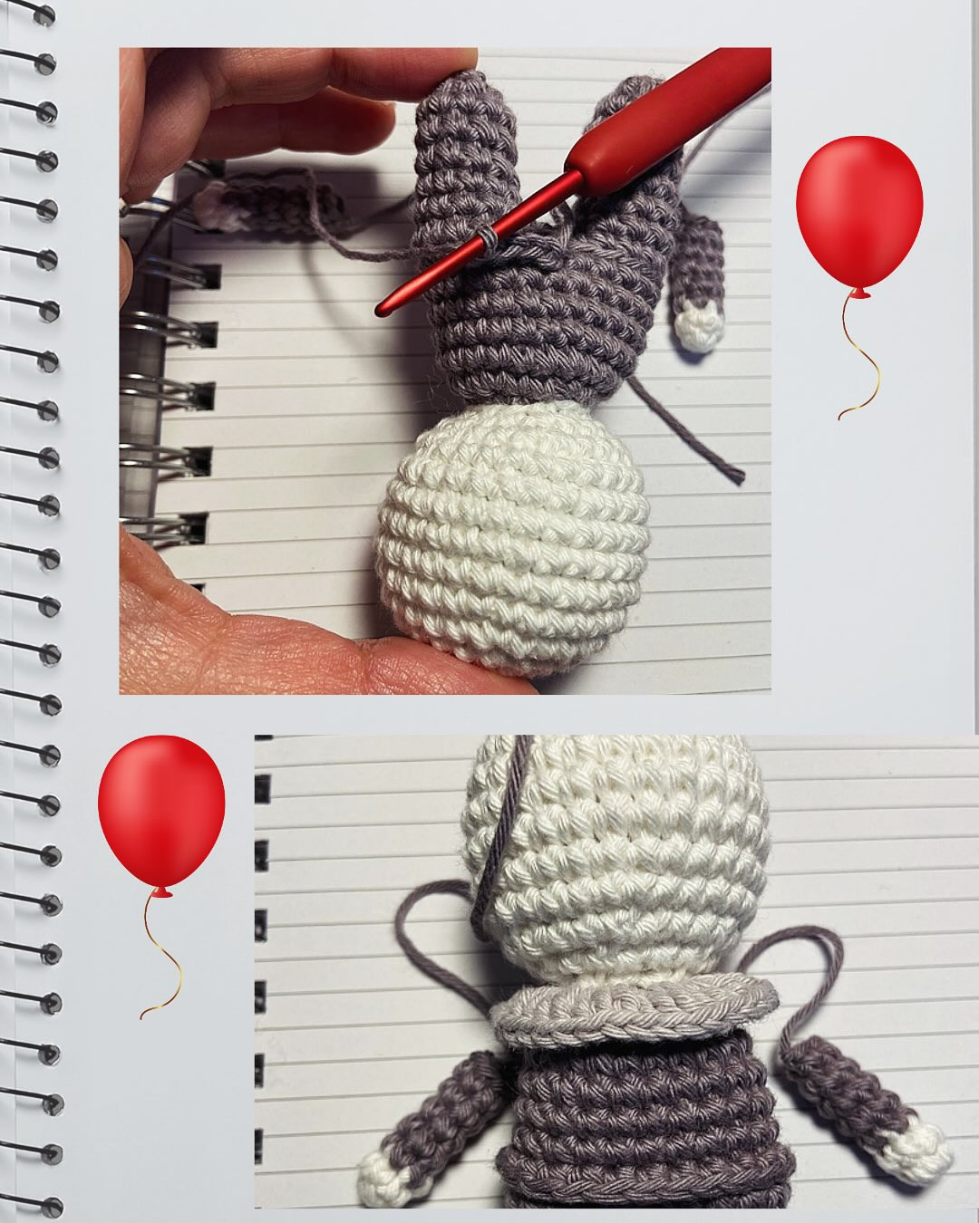 Patron gratuit Bébé Penny : Amigurumi clown gris et orange avec ballon rouge