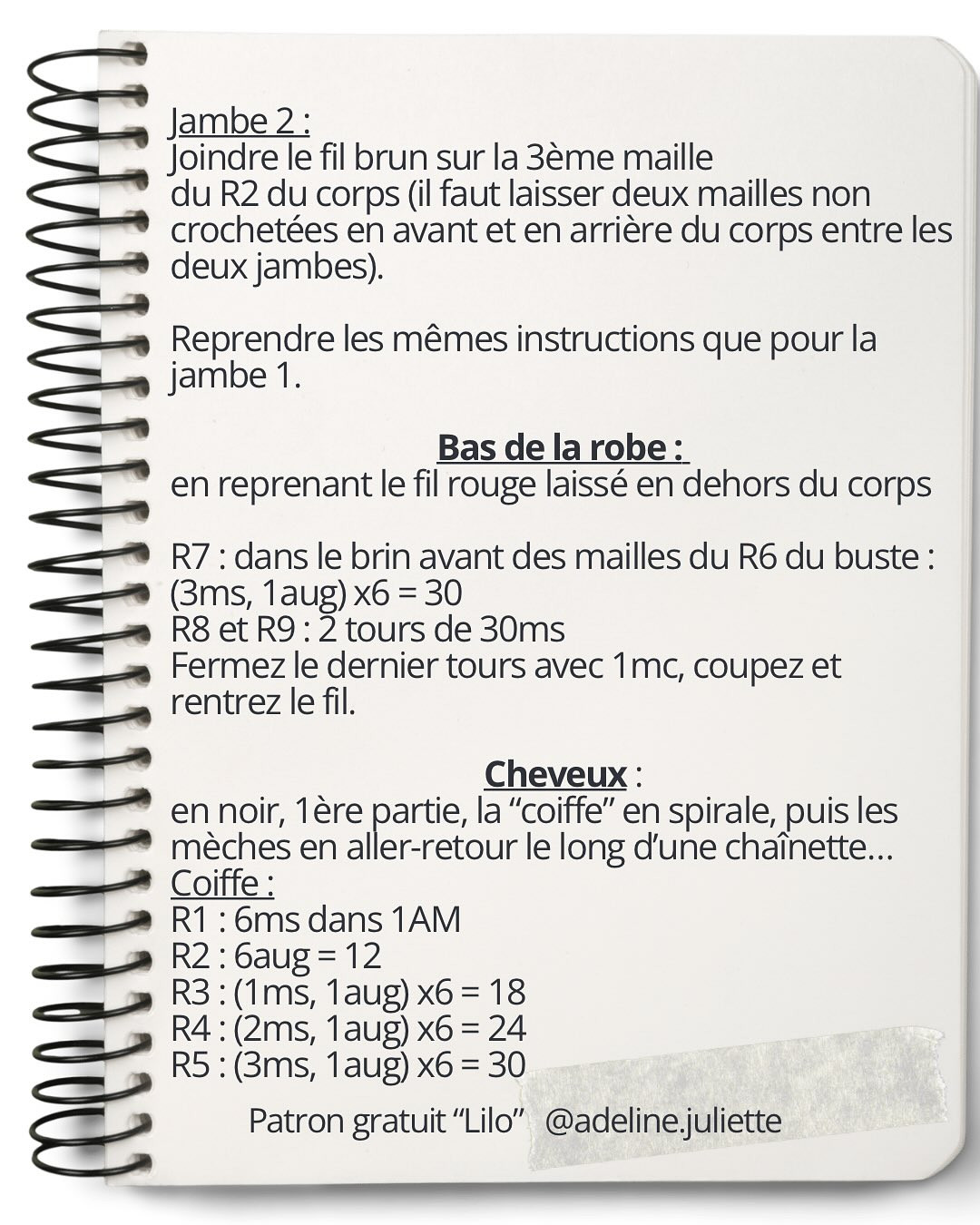 Patron gratuit Lilo : Búp bê móc len nhân vật Disney mặc váy đỏ và tóc đen