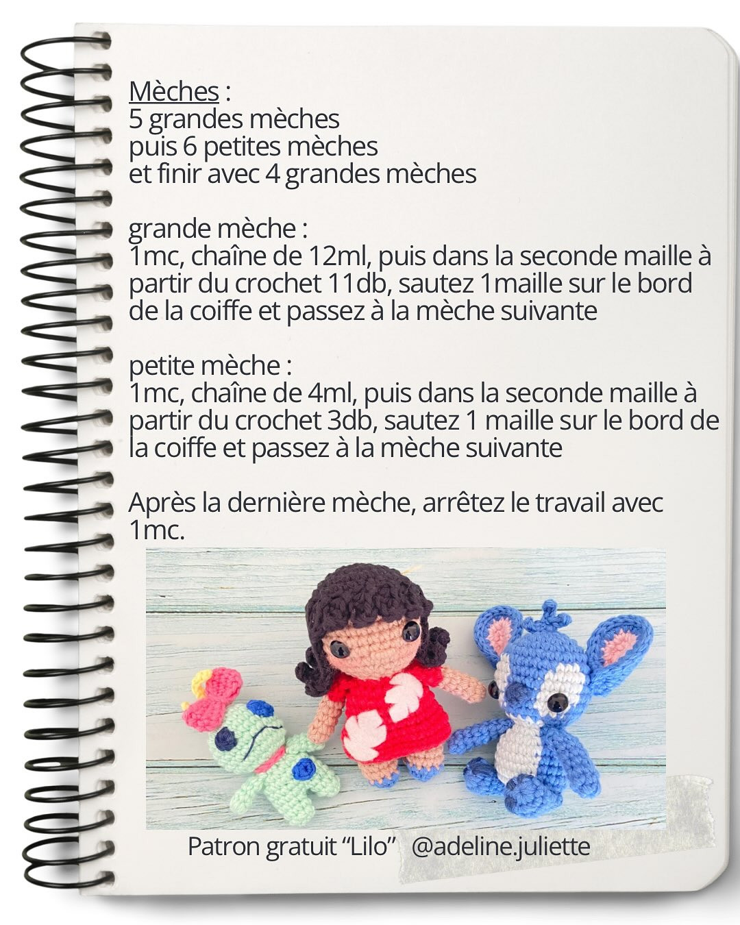 Patron gratuit Lilo : Búp bê móc len nhân vật Disney mặc váy đỏ và tóc đen