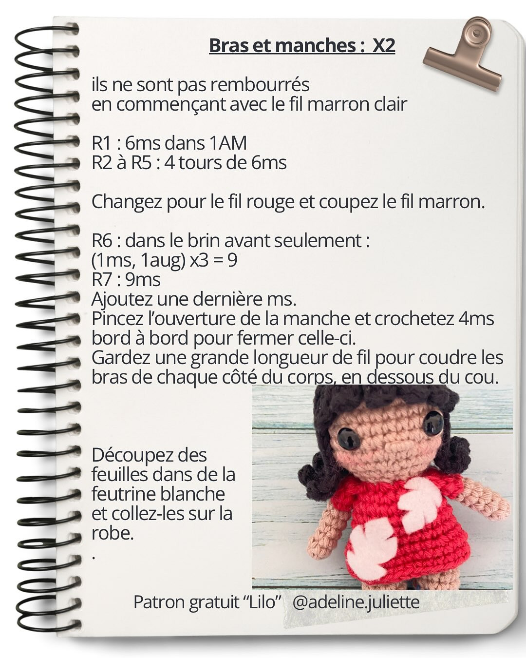 Patron gratuit Lilo : Búp bê móc len nhân vật Disney mặc váy đỏ và tóc đen