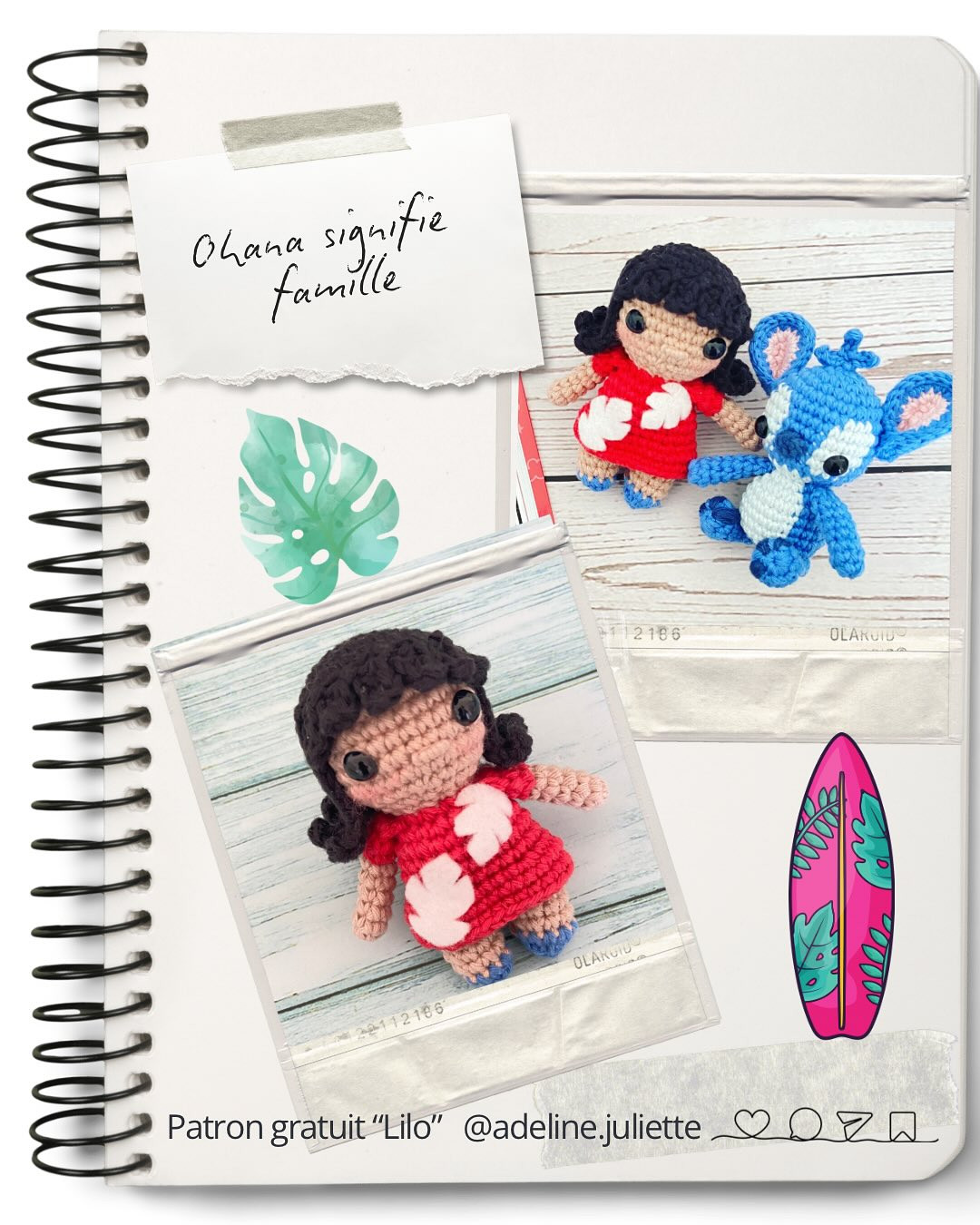 Patron gratuit Lilo : Búp bê móc len nhân vật Disney mặc váy đỏ và tóc đen