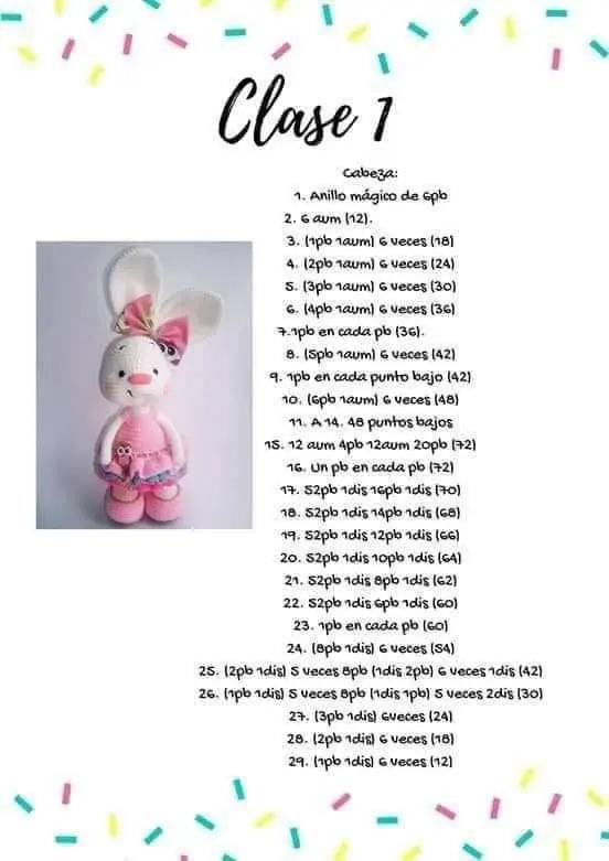 Patrón gratuito Amigurumi Conejita con vestido y accesorios