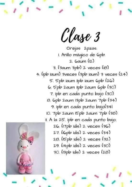 Patrón gratuito Amigurumi Conejita con vestido y accesorios