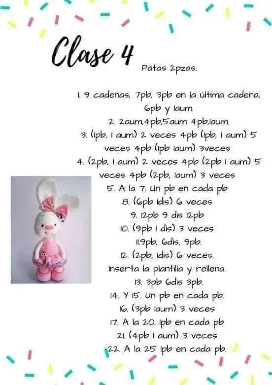 Patrón gratuito Amigurumi Conejita con vestido y accesorios