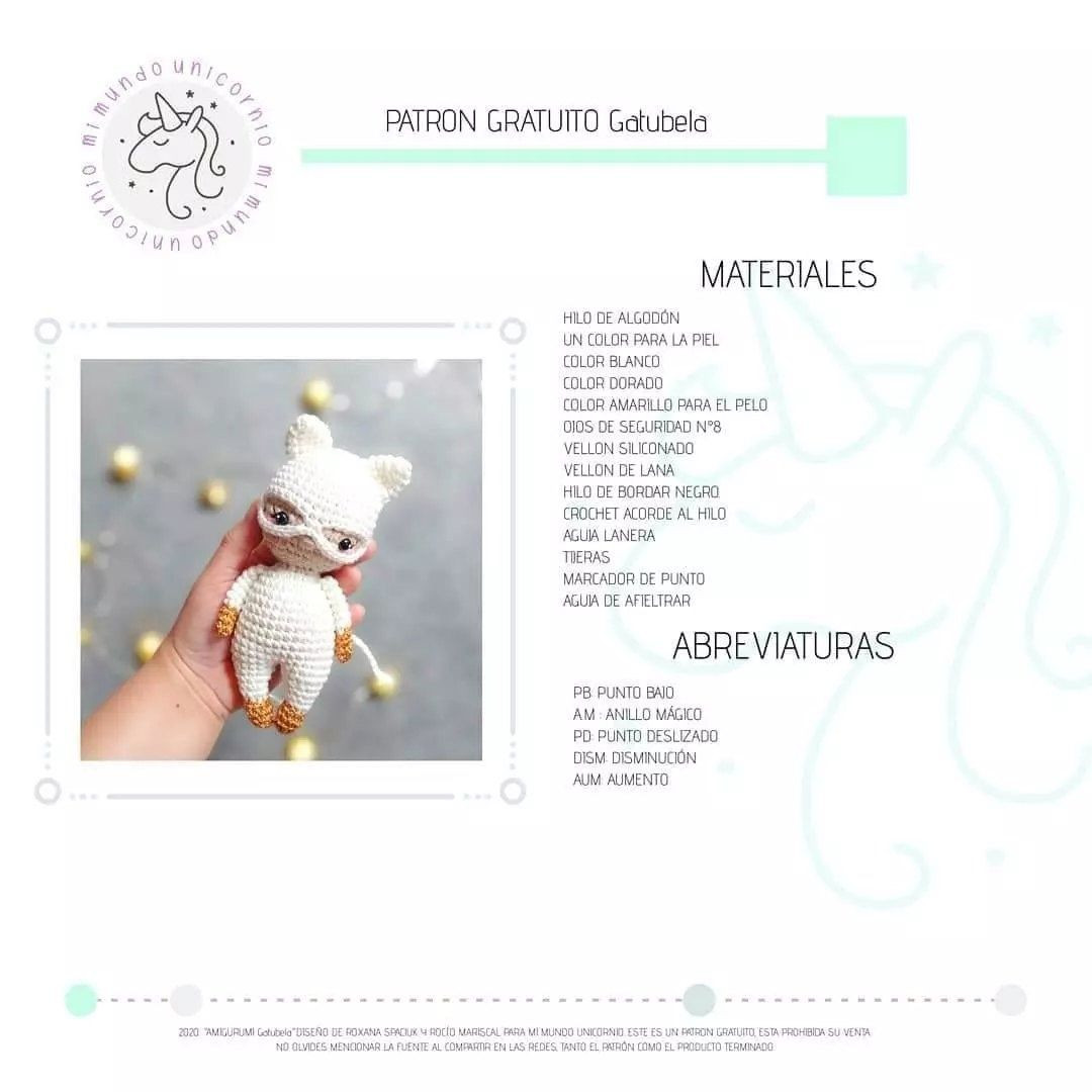 Patrón Gratuito Amigurumi Gatubela Blanco y Dorado
