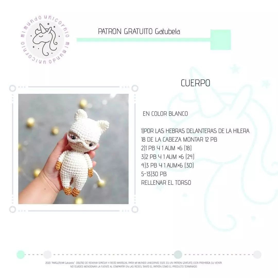 Patrón Gratuito Amigurumi Gatubela Blanco y Dorado