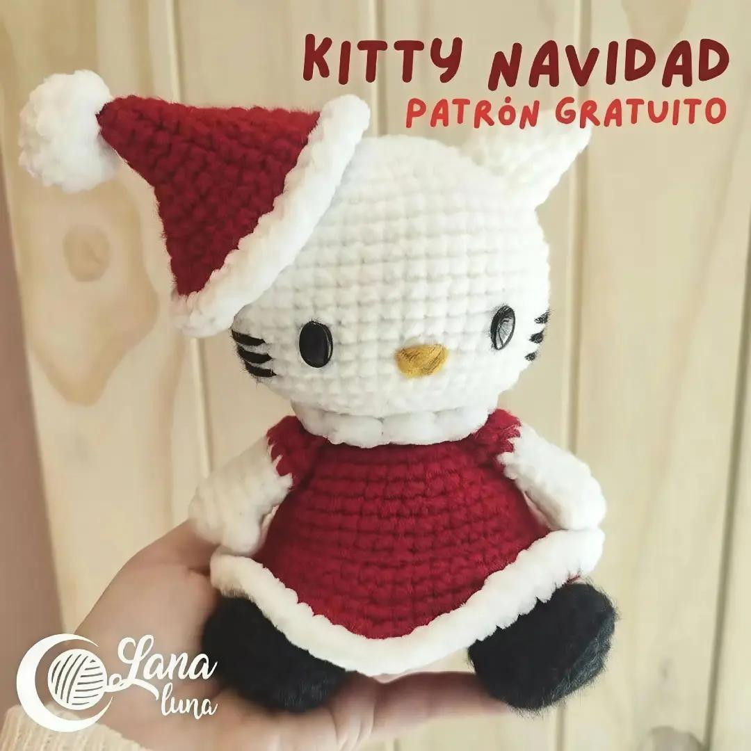 Patrón Gratuito Amigurumi Hello Kitty Navidad con Vestido Rojo y Gorro