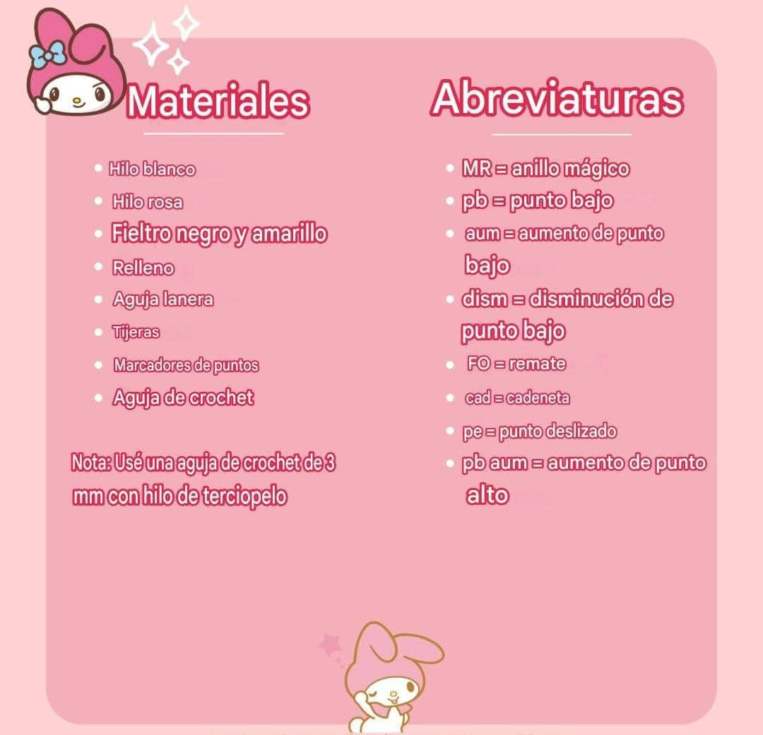 Patrón gratuito Amigurumi Mi Melodía con hilo de terciopelo rosa y blanco