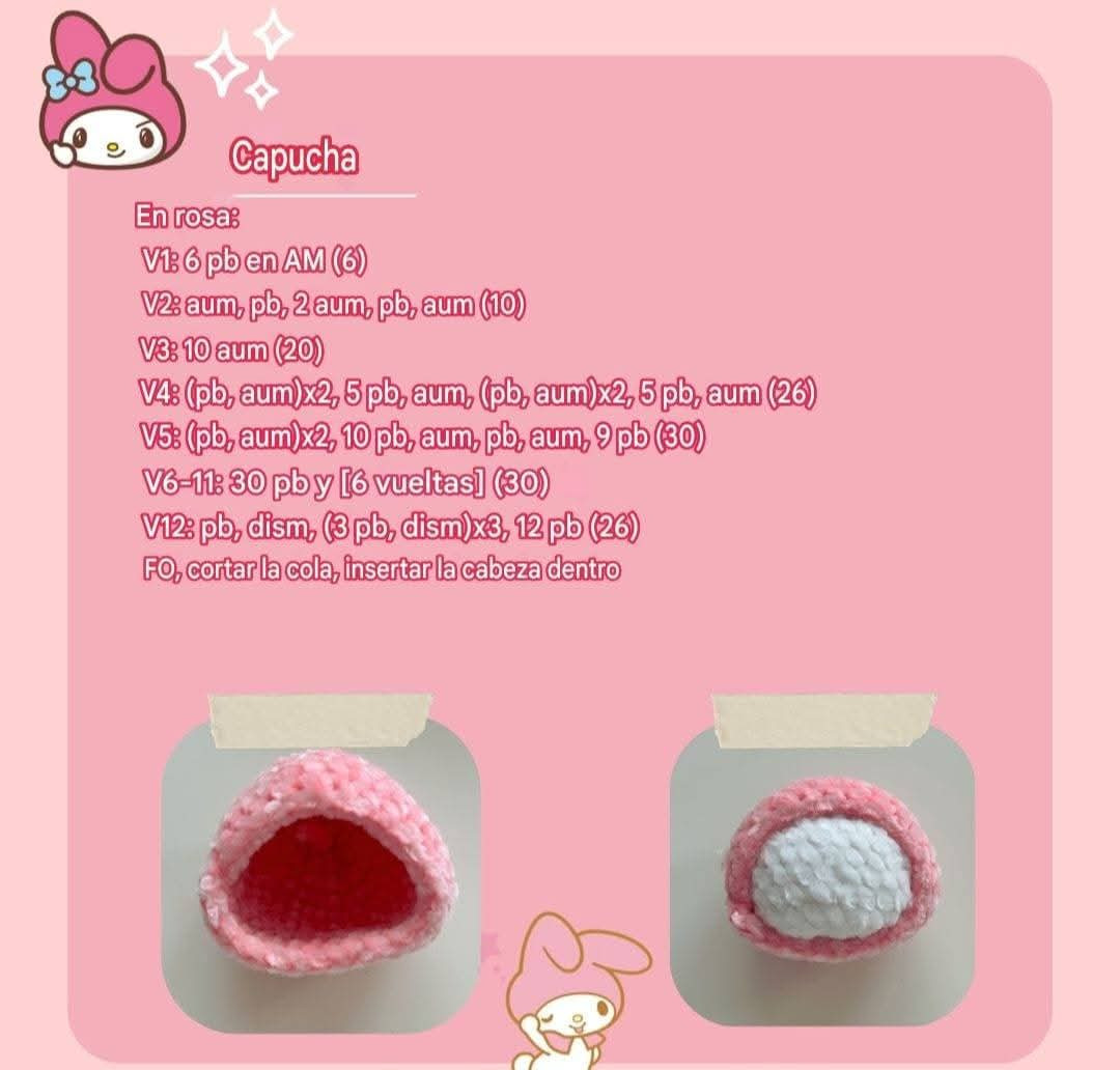 Patrón gratuito Amigurumi Mi Melodía con hilo de terciopelo rosa y blanco