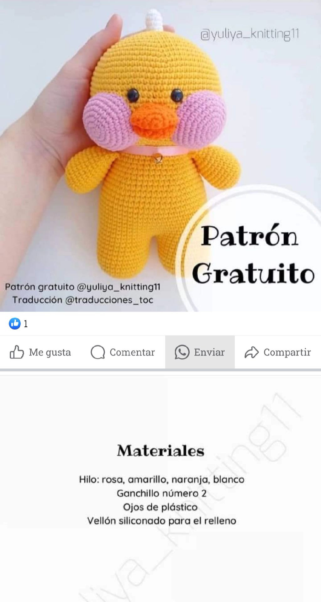 Patrón Gratuito Amigurumi Pato Amarillo con Mejillas Rosadas
