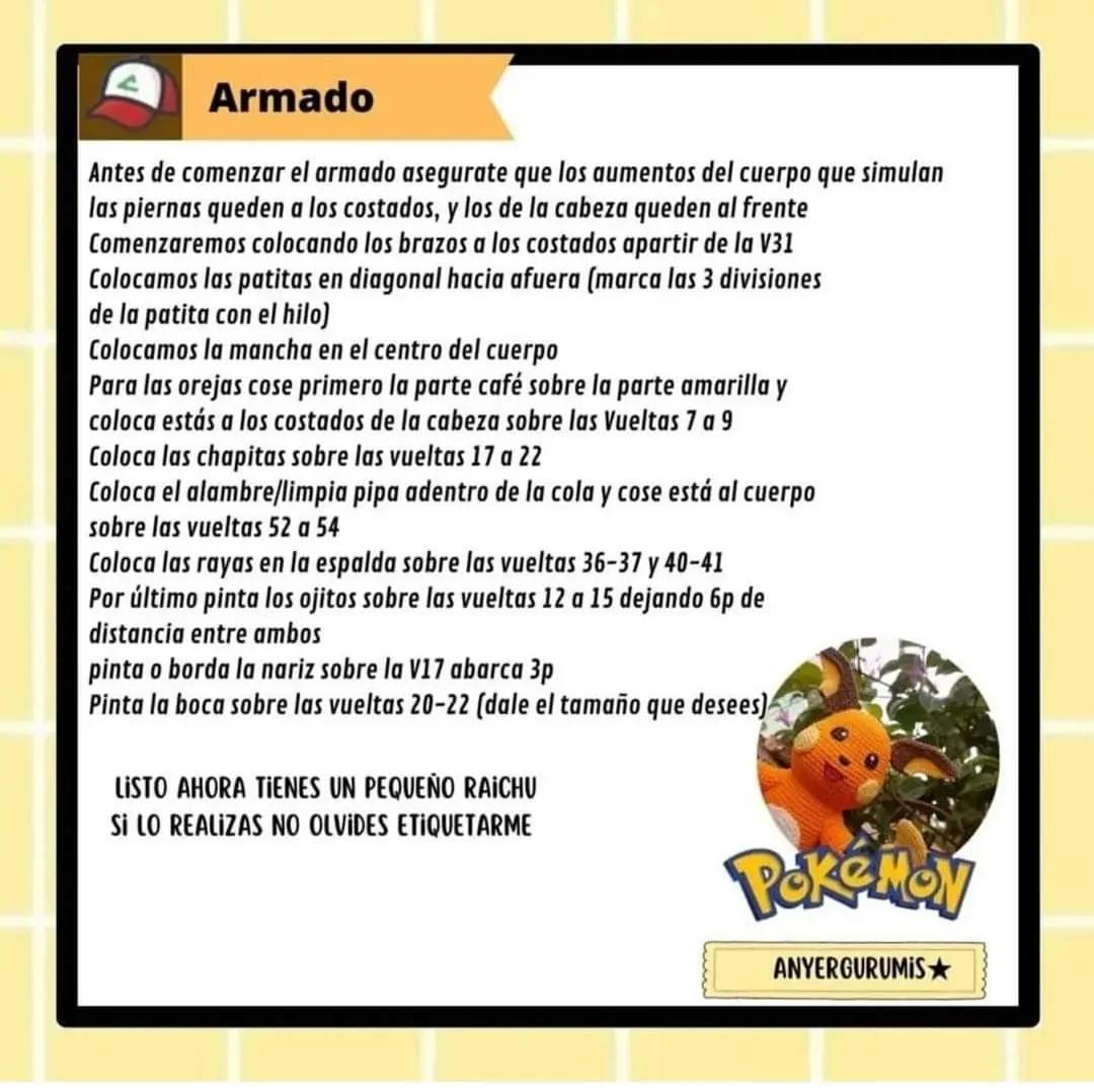 Patrón Gratuito Amigurumi Raichu Pokémon - Guía Paso a Paso