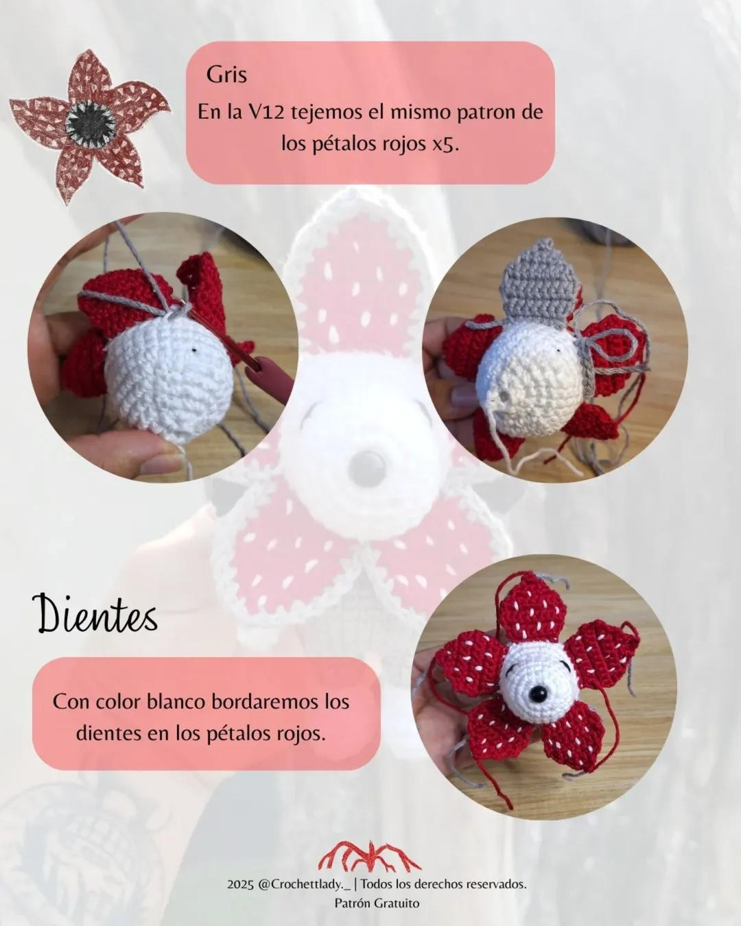Patrón gratuito amigurumi Snoopy Demogorgon con alas de mariposa
