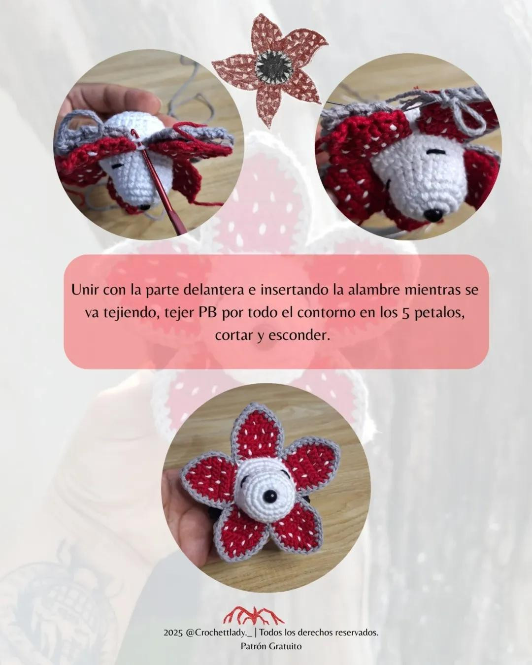 Patrón gratuito amigurumi Snoopy Demogorgon con alas de mariposa