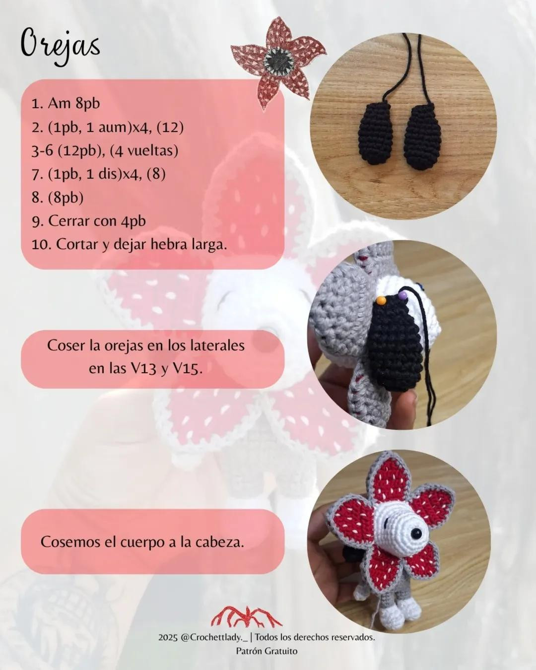 Patrón gratuito amigurumi Snoopy Demogorgon con alas de mariposa
