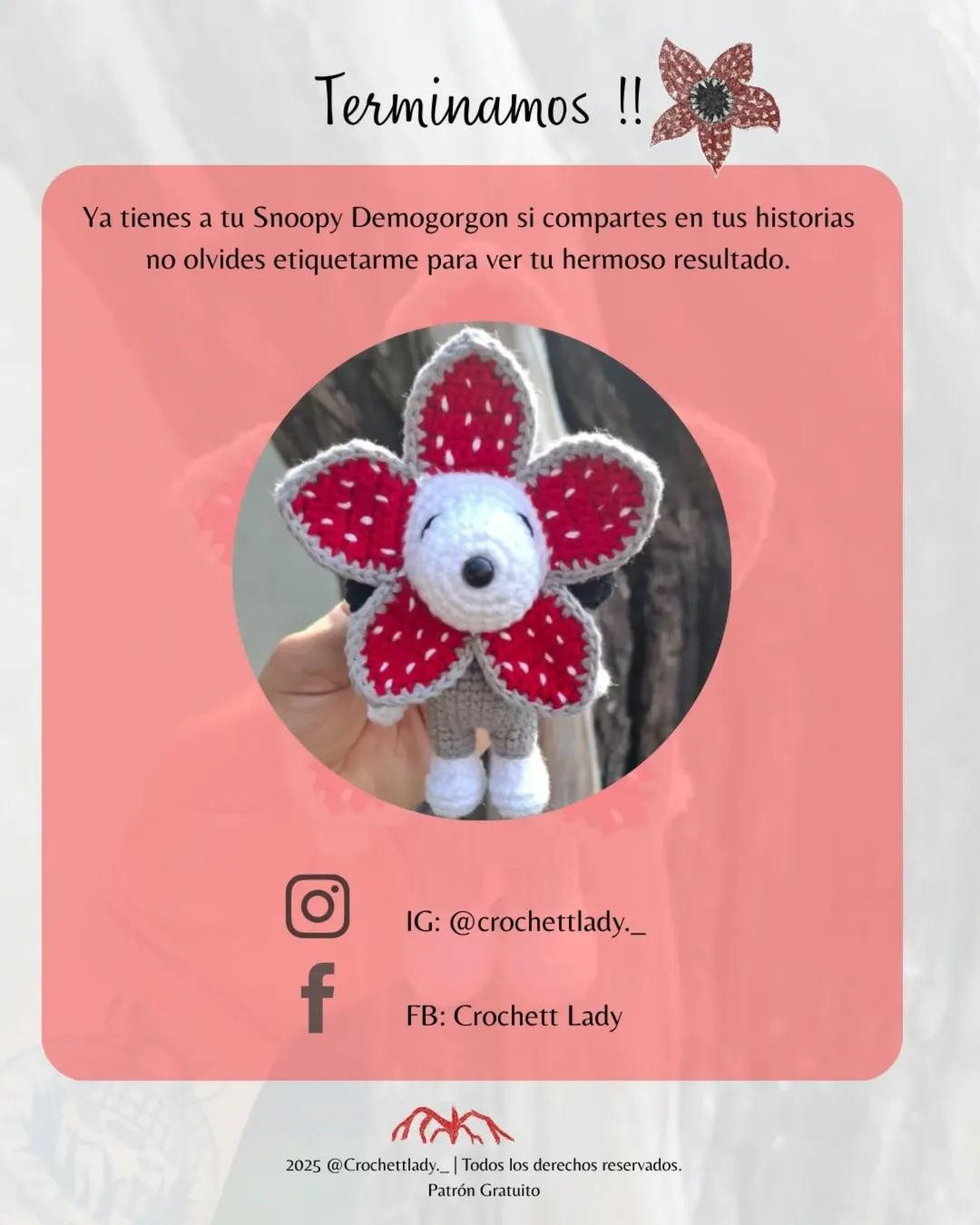 Patrón gratuito amigurumi Snoopy Demogorgon con alas de mariposa