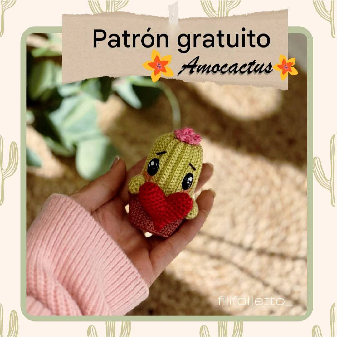 Patrón gratuito Amocactus: cactus amigurumi con corazón y flor