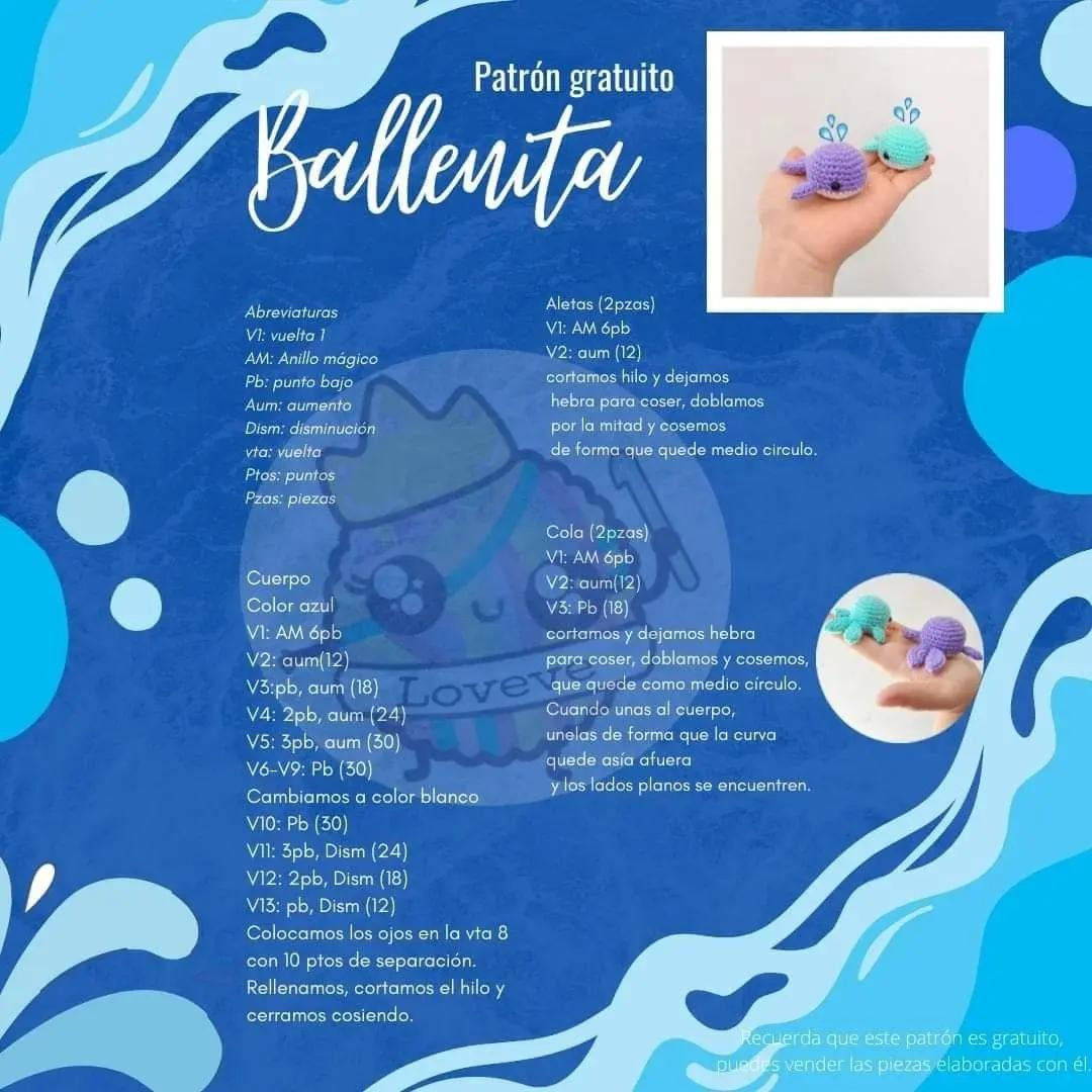 Patrón gratuito Ballenita: Búp bê cá voi móc len tím và xanh