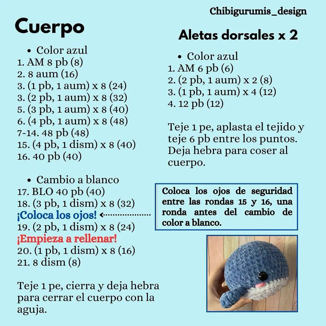 Patrón gratuito Ballenita: Búp bê cá voi xanh móc len bằng sợi nhung