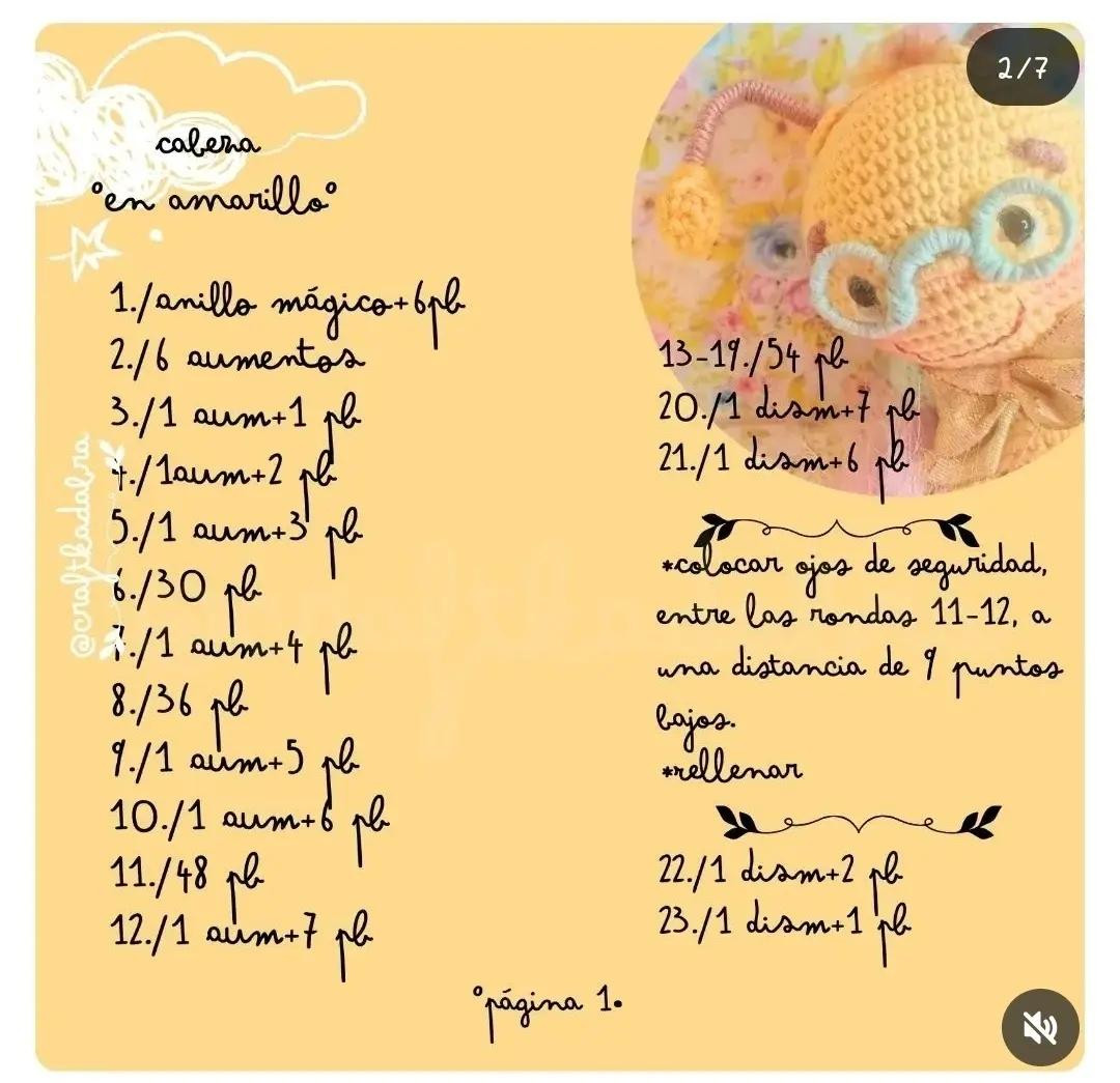 Patrón Gratuito: Búp bê Ong Amigurumi Móc Len Màu Vàng và Hồng với Kính