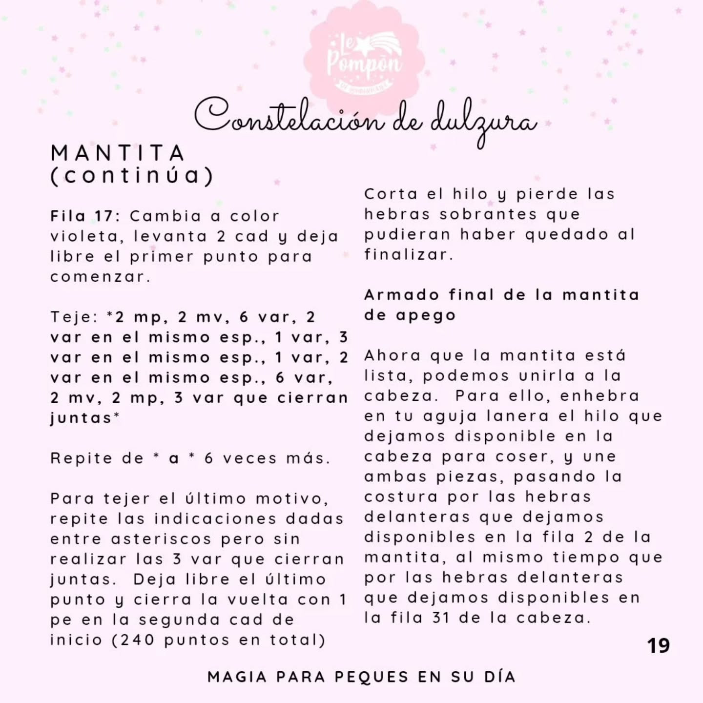 Patrón gratuito Constelación de dulzura: Unicornio amigurumi con mantita en tonos pastel rosa y azul