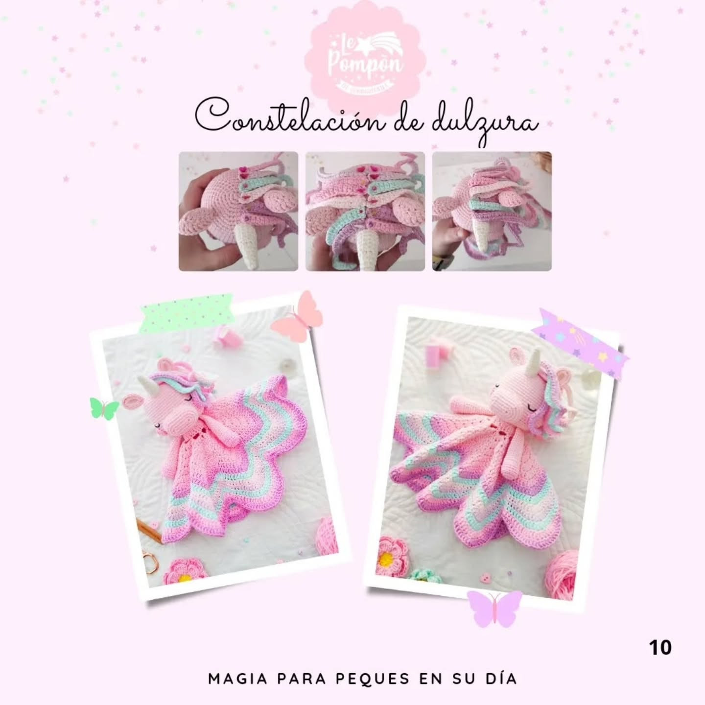 Patrón gratuito Constelación de dulzura: Unicornio amigurumi con mantita en tonos pastel rosa y azul