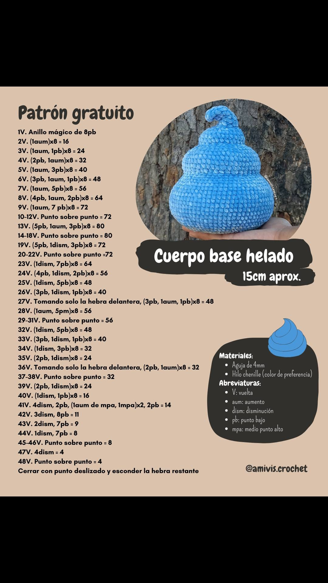 Patrón gratuito cuerpo base helado amigurumi azul chenille