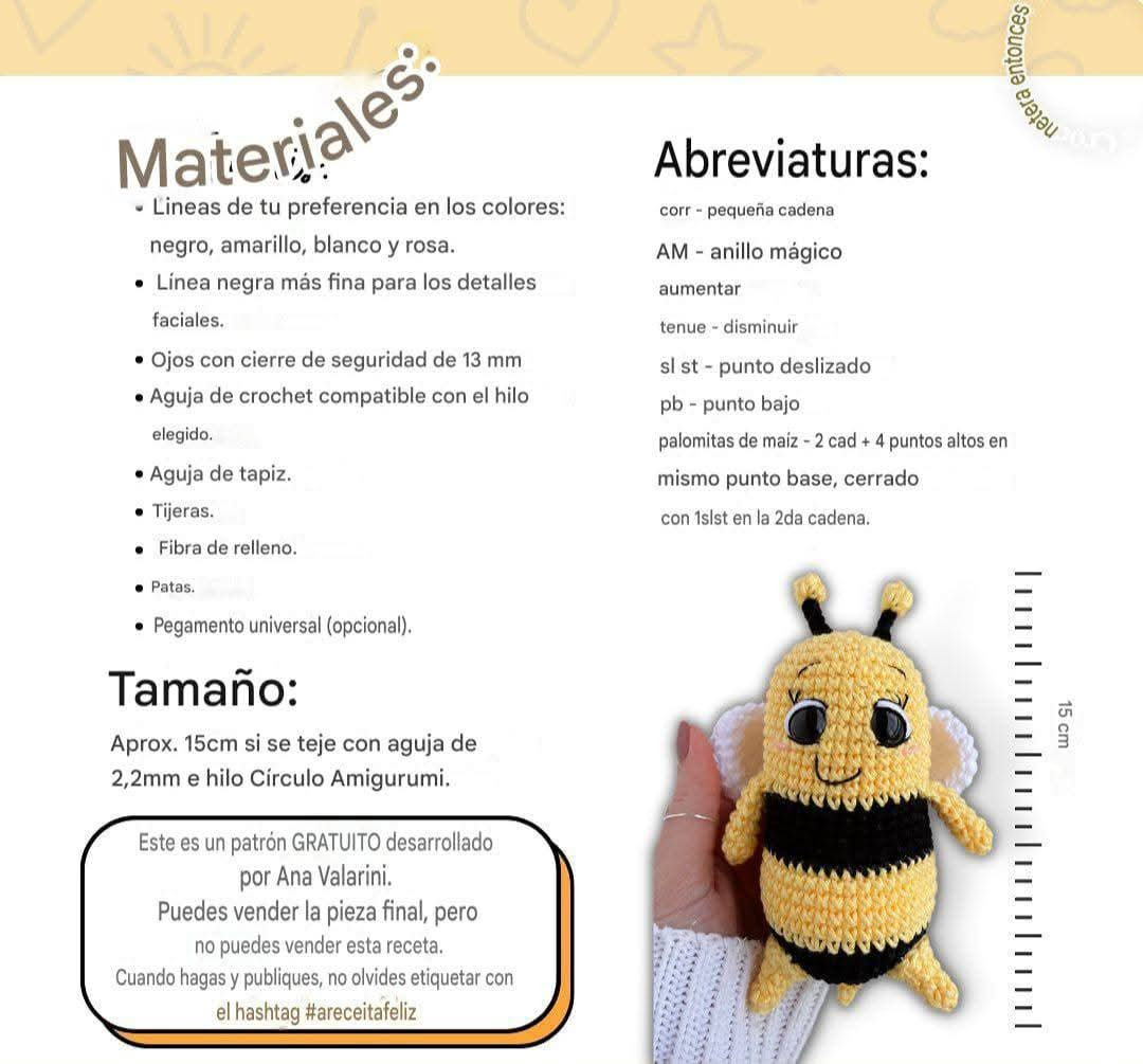 Patrón gratuito de abeja Beezu amigurumi con instrucciones paso a paso