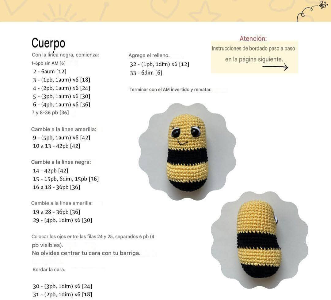 Patrón gratuito de abeja Beezu amigurumi con instrucciones paso a paso