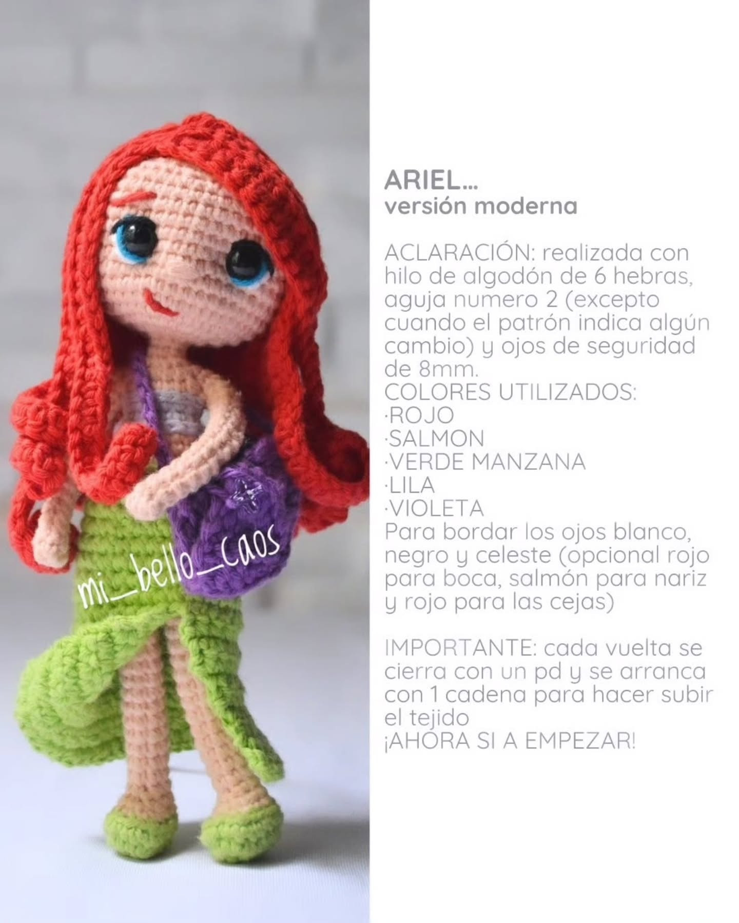 Patrón gratuito de amigurumi Ariel versión moderna con cabello rojo y cola verde