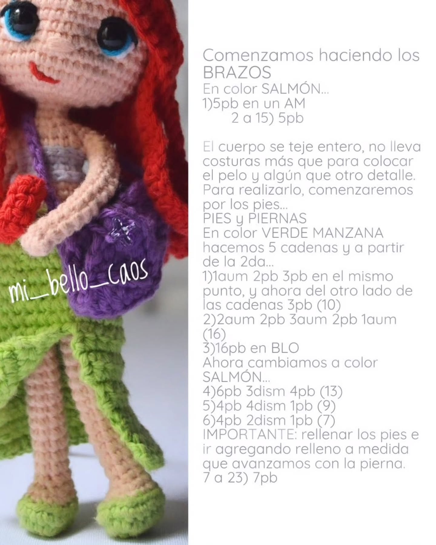 Patrón gratuito de amigurumi Ariel versión moderna con cabello rojo y cola verde