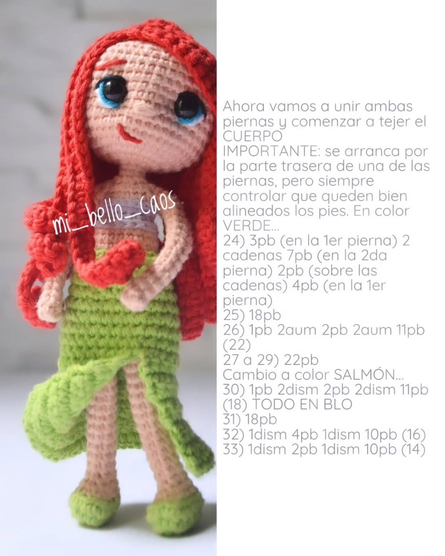 Patrón gratuito de amigurumi Ariel versión moderna con cabello rojo y cola verde
