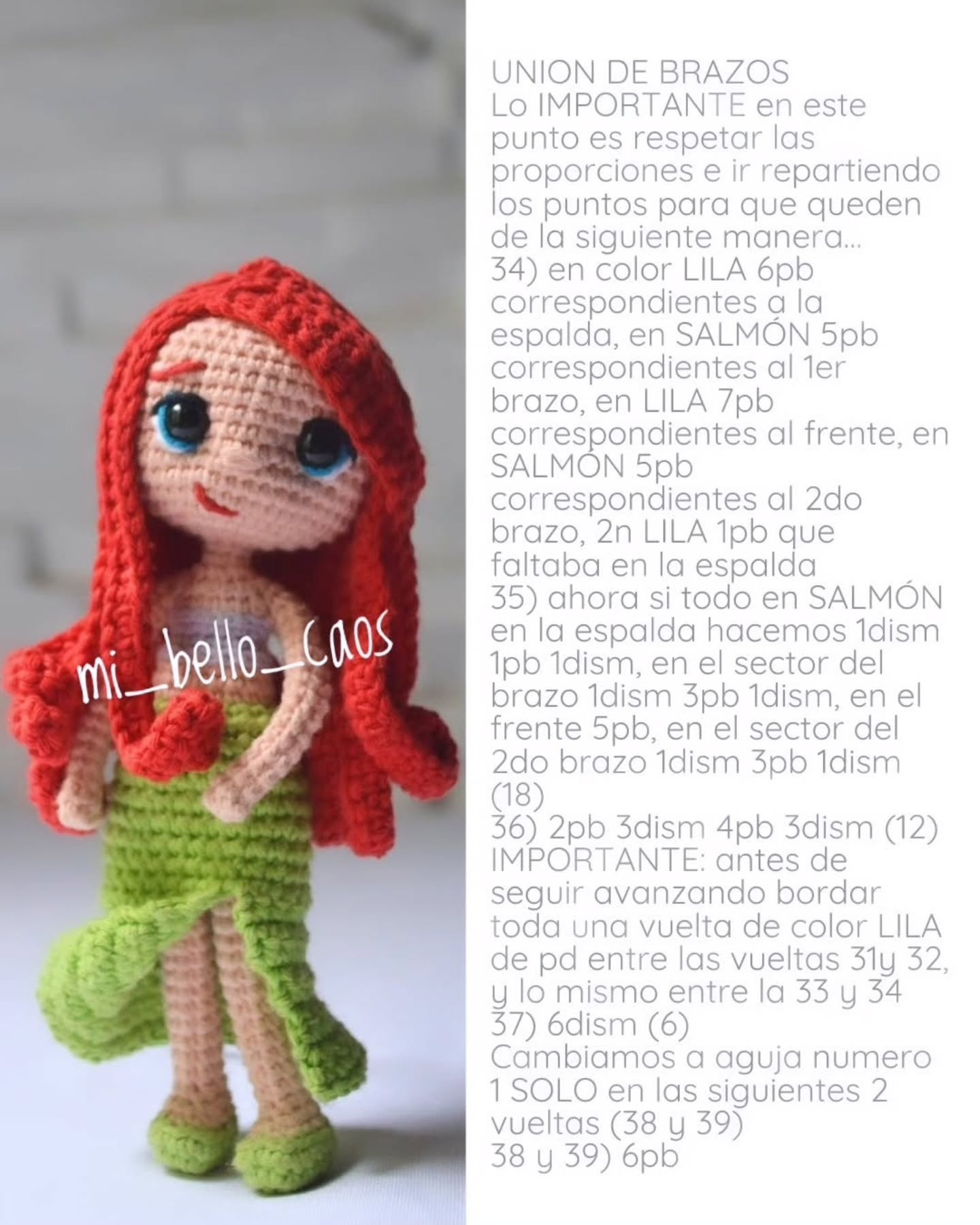 Patrón gratuito de amigurumi Ariel versión moderna con cabello rojo y cola verde