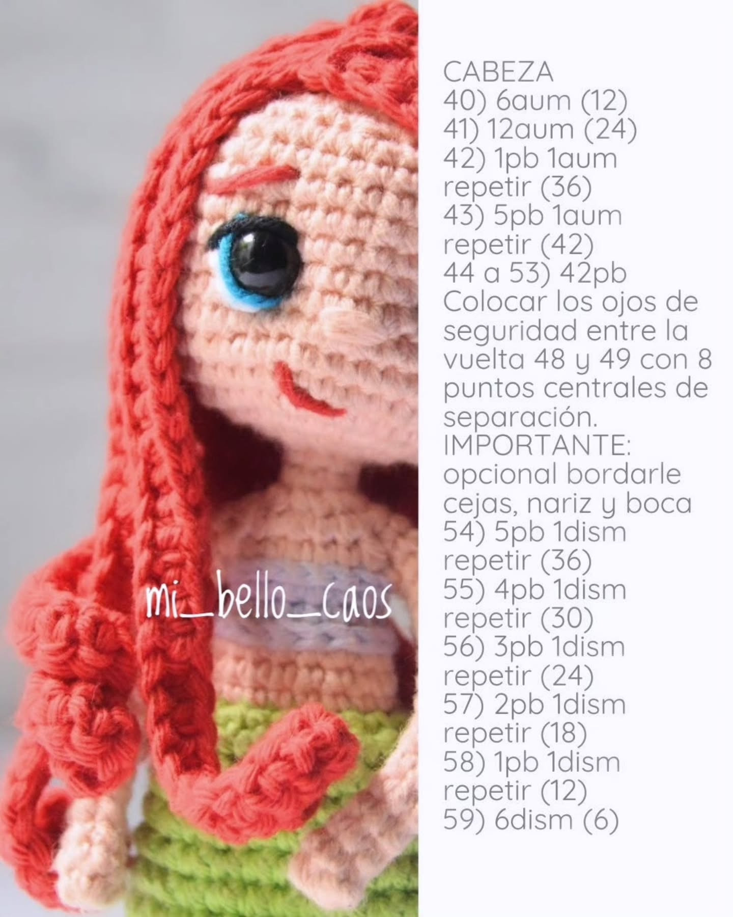 Patrón gratuito de amigurumi Ariel versión moderna con cabello rojo y cola verde