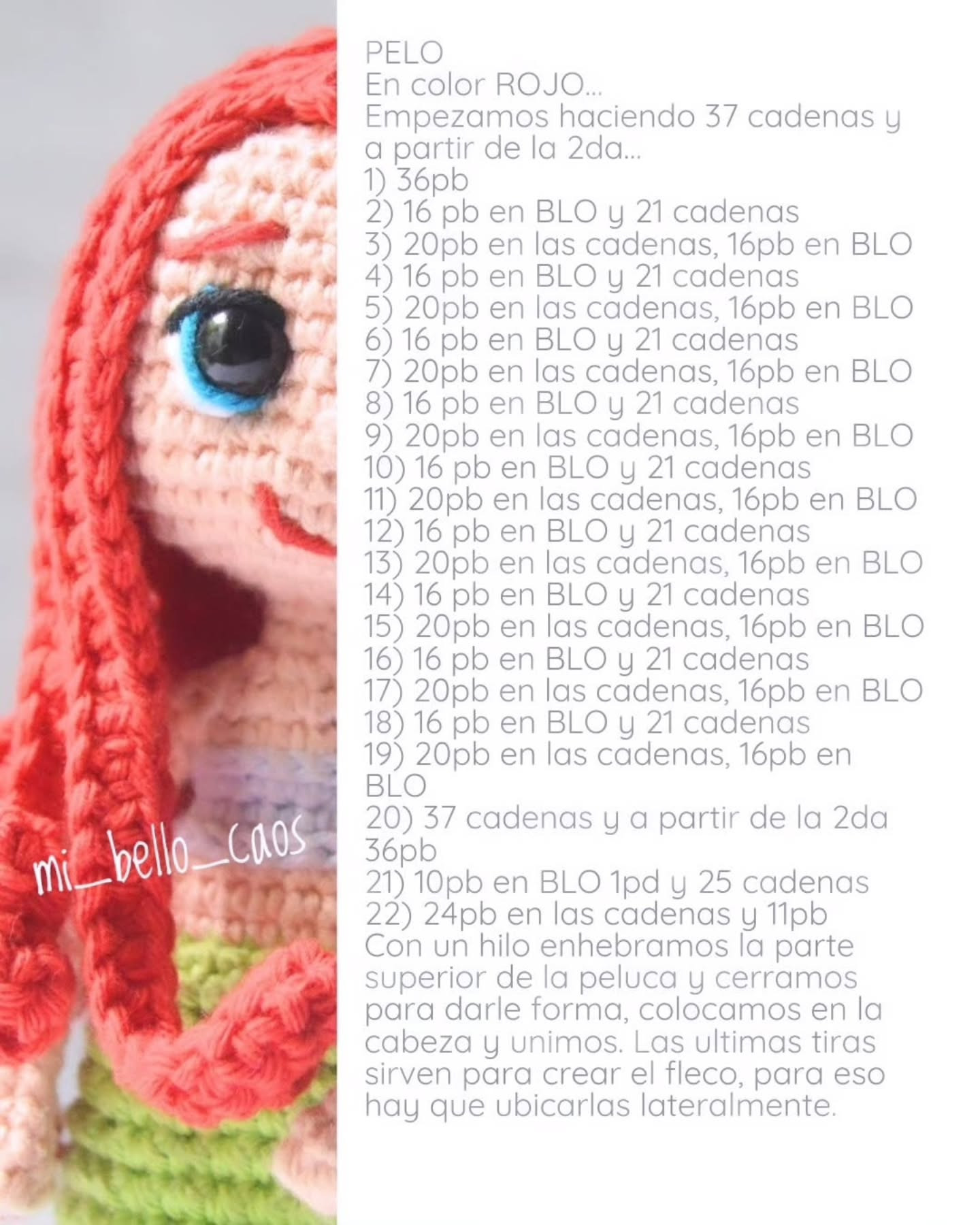 Patrón gratuito de amigurumi Ariel versión moderna con cabello rojo y cola verde