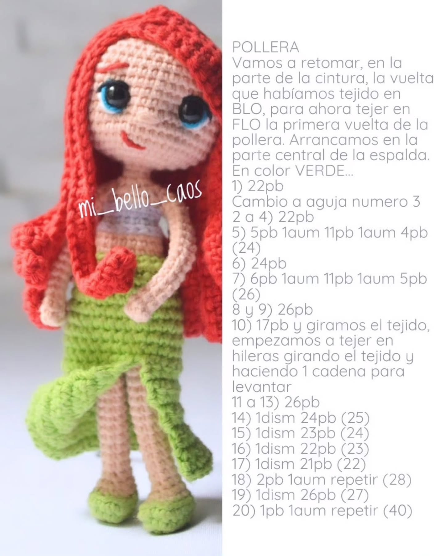 Patrón gratuito de amigurumi Ariel versión moderna con cabello rojo y cola verde