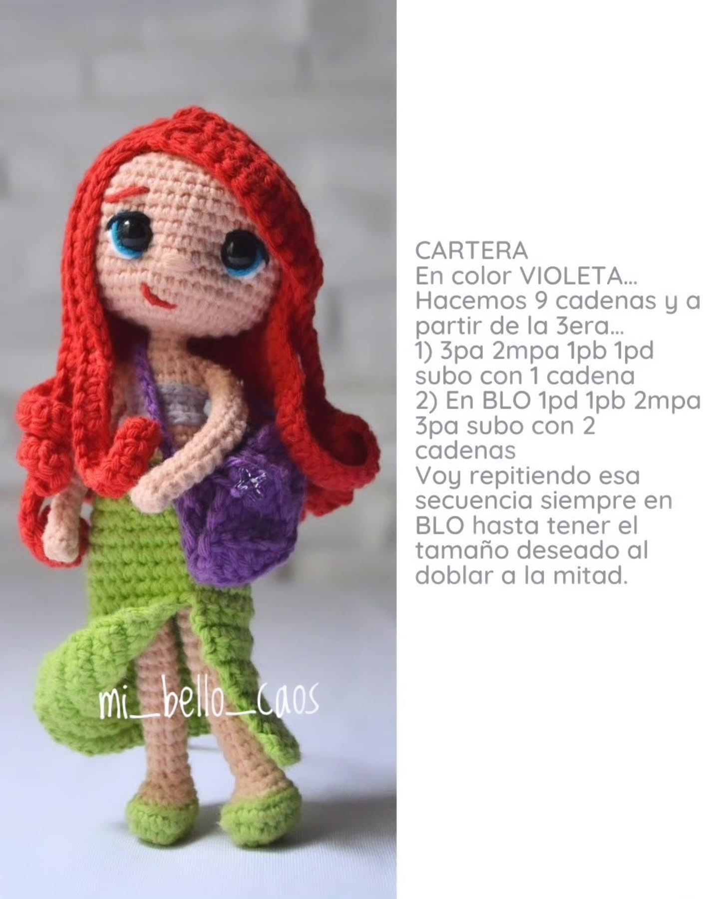 Patrón gratuito de amigurumi Ariel versión moderna con cabello rojo y cola verde