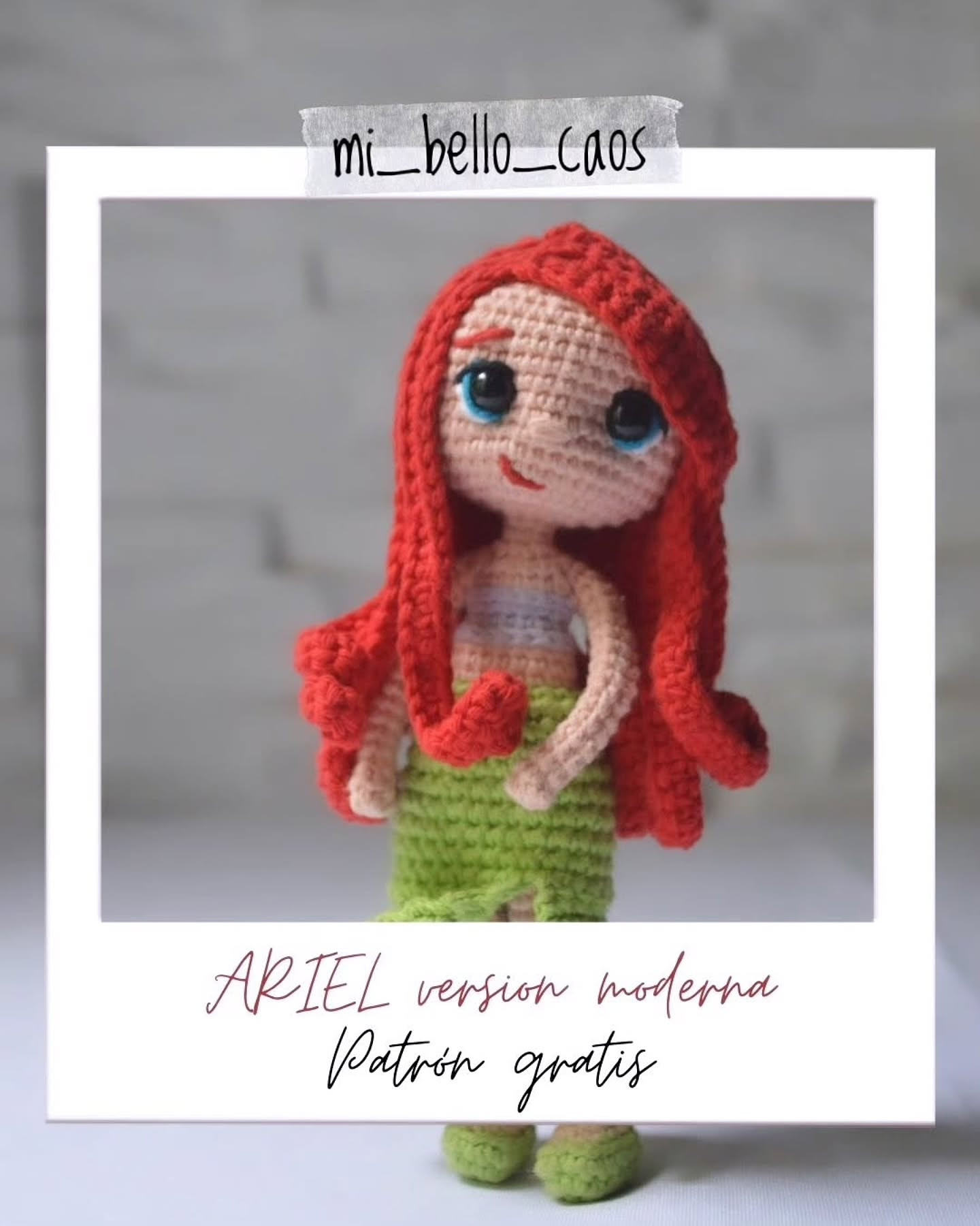 Patrón gratuito de amigurumi Ariel versión moderna con cabello rojo y cola verde