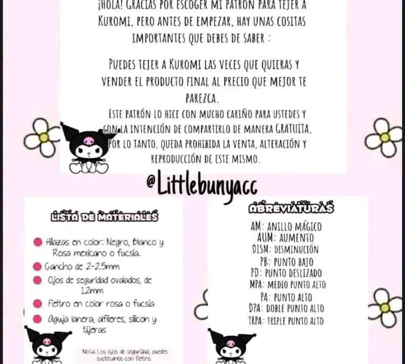 Patrón gratuito de Amigurumi Kuromi: Tutorial completo paso a paso para tejer la muñeca negra y blanca con orejas puntiagudas