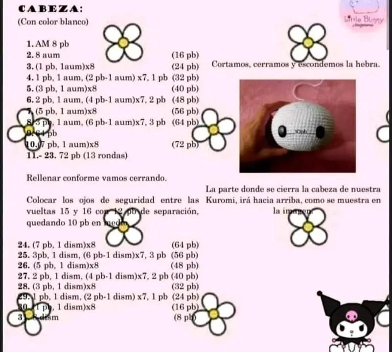 Patrón gratuito de Amigurumi Kuromi: Tutorial completo paso a paso para tejer la muñeca negra y blanca con orejas puntiagudas