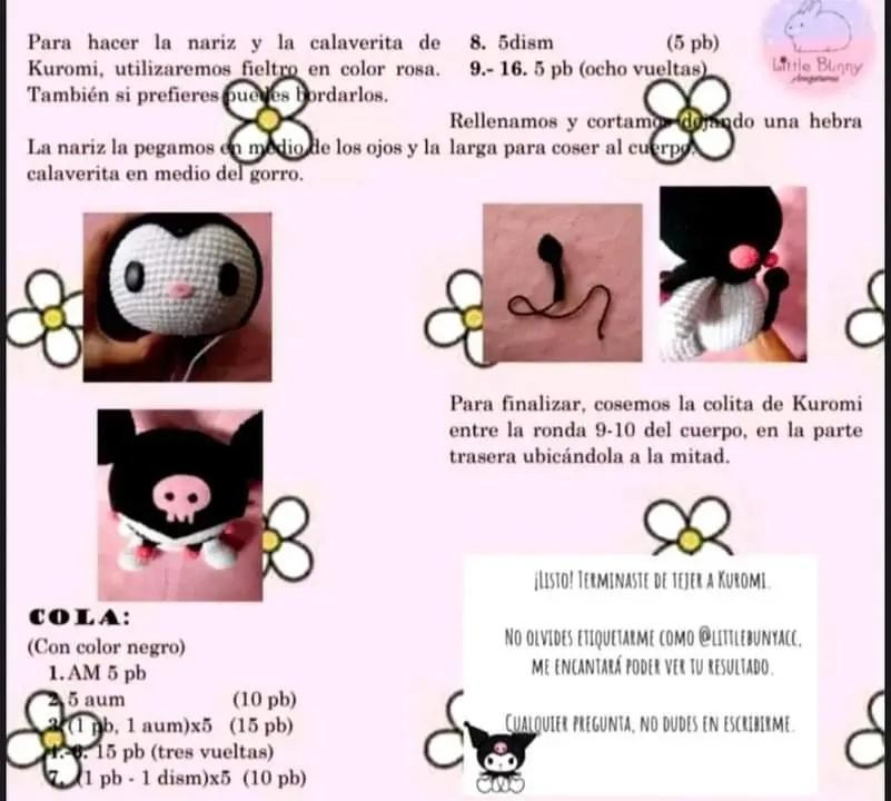 Patrón gratuito de Amigurumi Kuromi: Tutorial completo paso a paso para tejer la muñeca negra y blanca con orejas puntiagudas