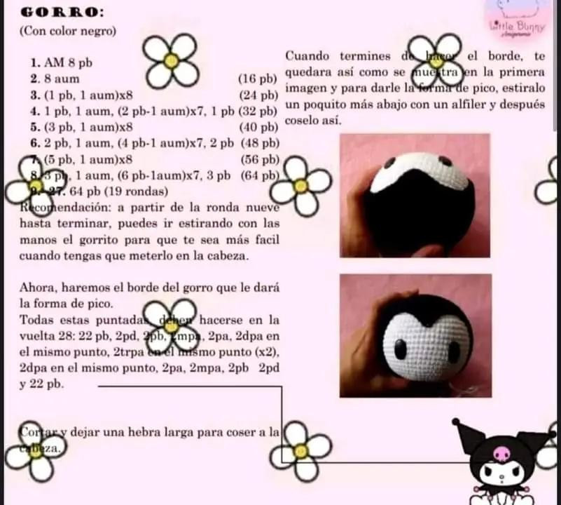 Patrón gratuito de Amigurumi Kuromi: Tutorial completo paso a paso para tejer la muñeca negra y blanca con orejas puntiagudas