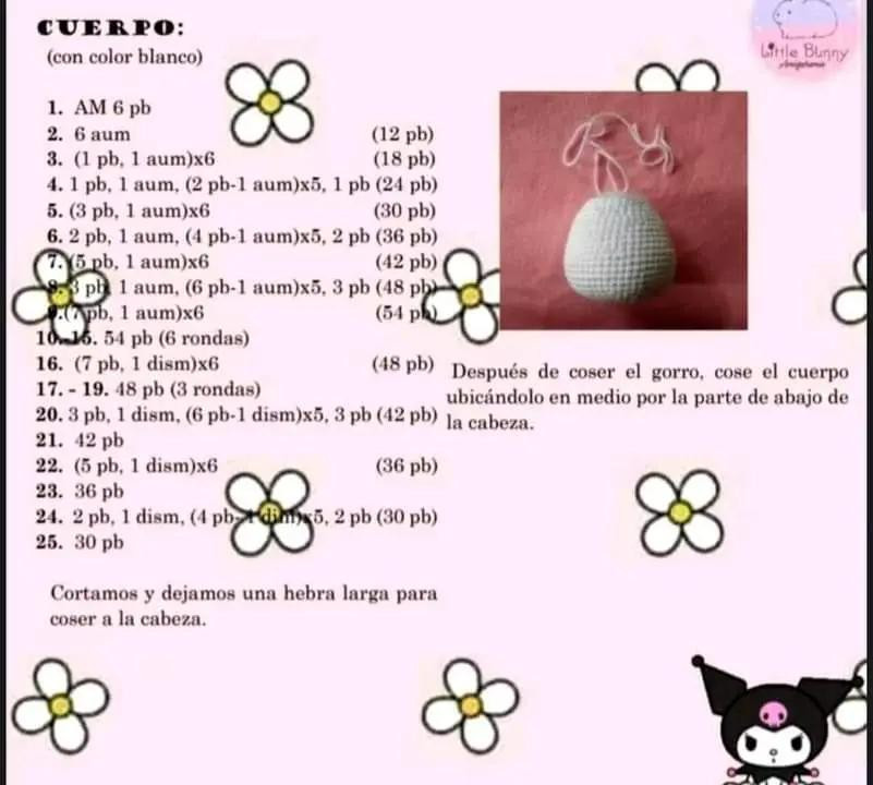 Patrón gratuito de Amigurumi Kuromi: Tutorial completo paso a paso para tejer la muñeca negra y blanca con orejas puntiagudas