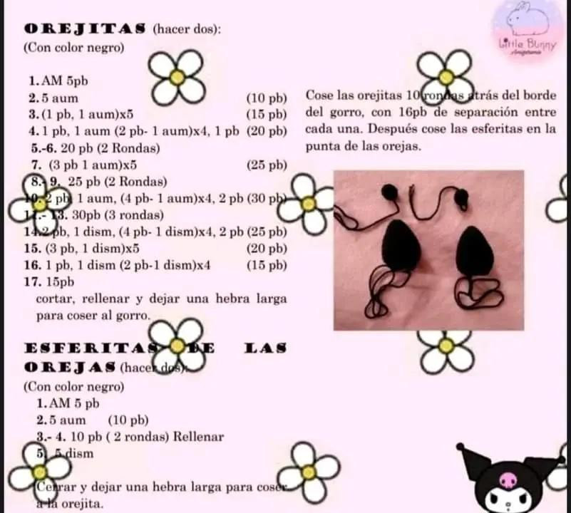 Patrón gratuito de Amigurumi Kuromi: Tutorial completo paso a paso para tejer la muñeca negra y blanca con orejas puntiagudas