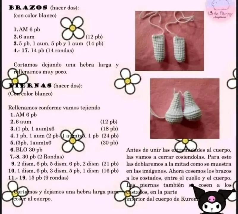 Patrón gratuito de Amigurumi Kuromi: Tutorial completo paso a paso para tejer la muñeca negra y blanca con orejas puntiagudas