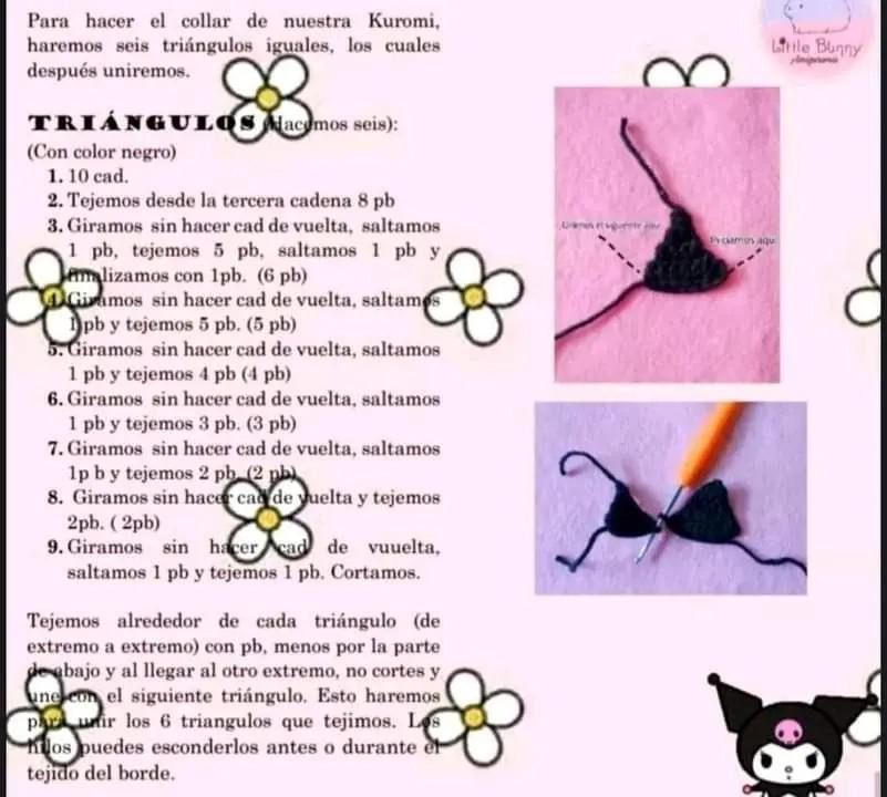 Patrón gratuito de Amigurumi Kuromi: Tutorial completo paso a paso para tejer la muñeca negra y blanca con orejas puntiagudas