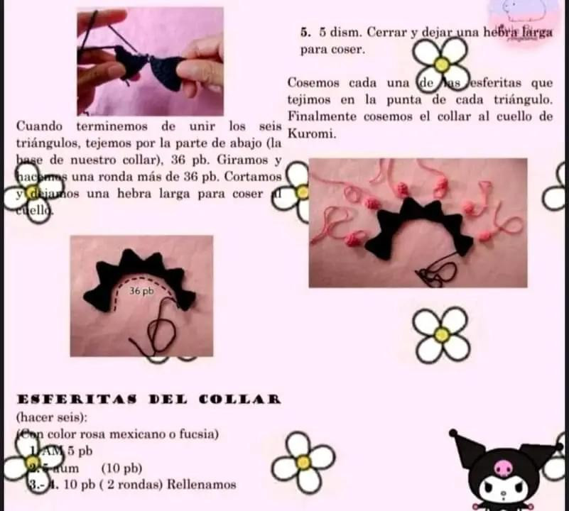 Patrón gratuito de Amigurumi Kuromi: Tutorial completo paso a paso para tejer la muñeca negra y blanca con orejas puntiagudas
